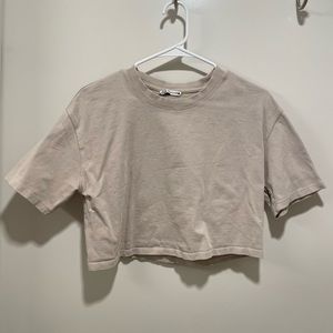 ZARA Brown / Beige Short Sleeve Boxy Crop Top